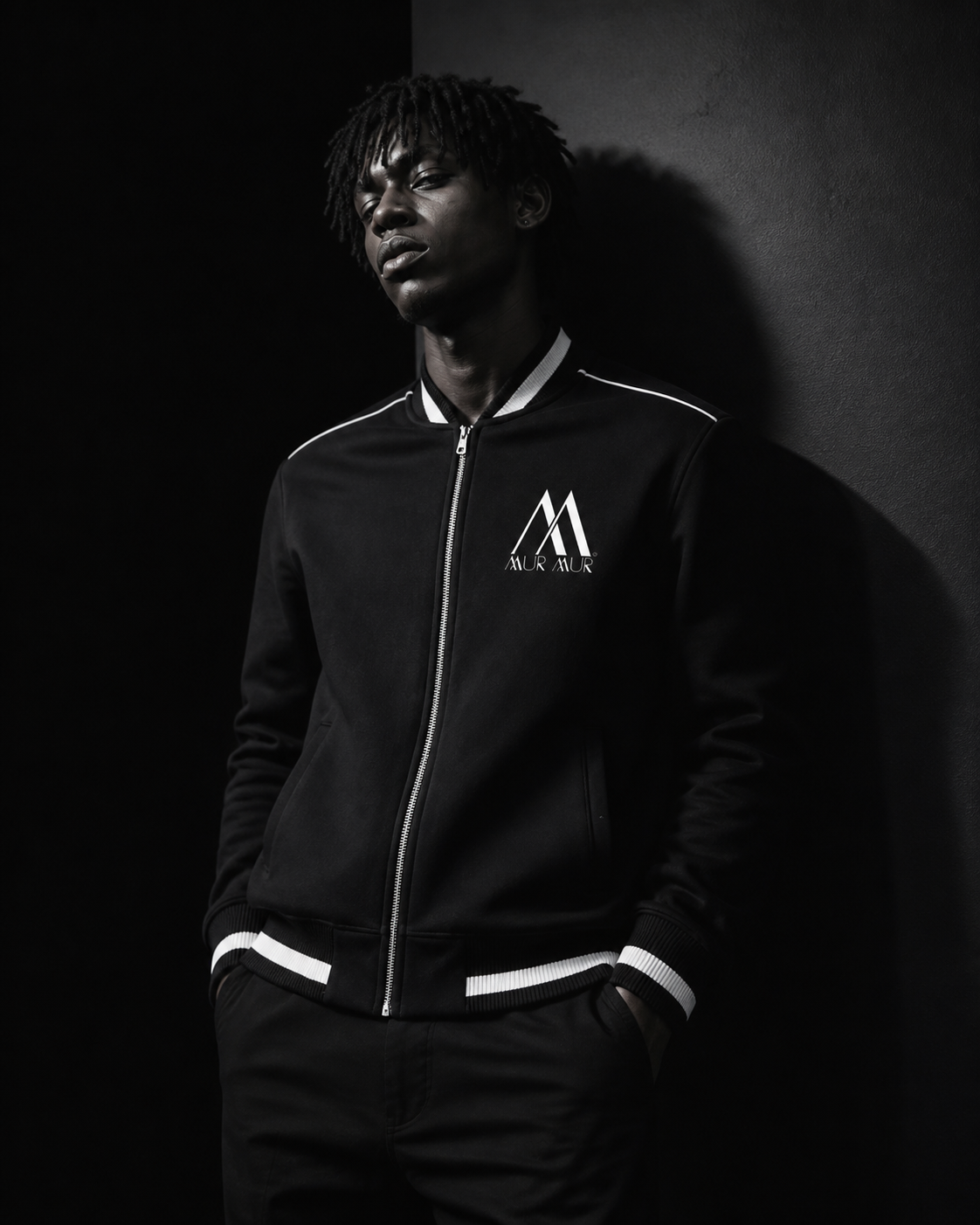Model wearing the Mur Mur contrast-piping bomber