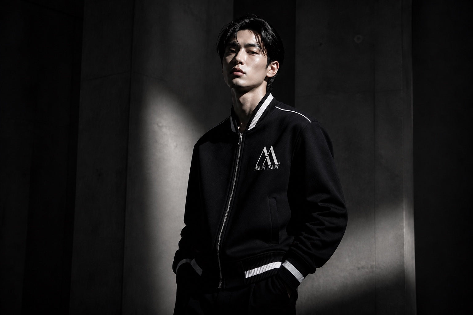 Model wearing the unisex Mur Mur bomber in a dark studio