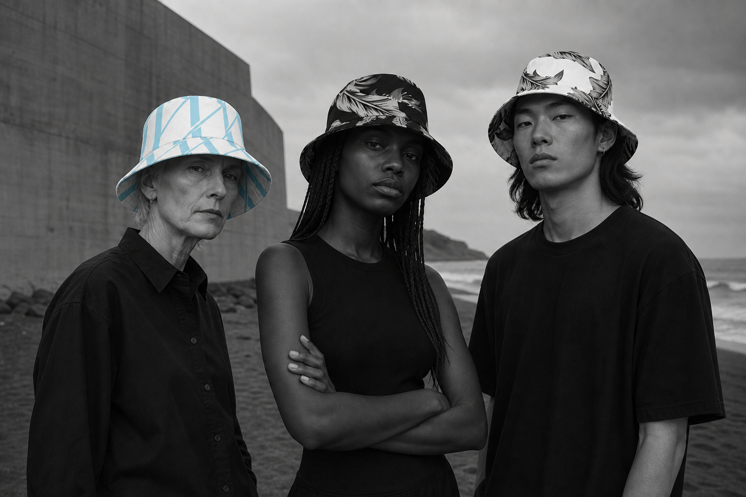 Three models wearing the blue geometric, black floral and white floral Mur Mur bucket hats