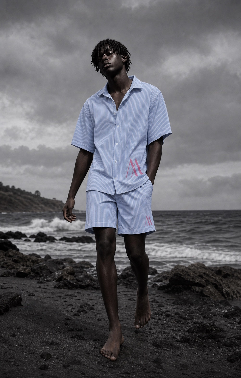 Model wearing the Mur Mur Cabana shirt and shorts, front view