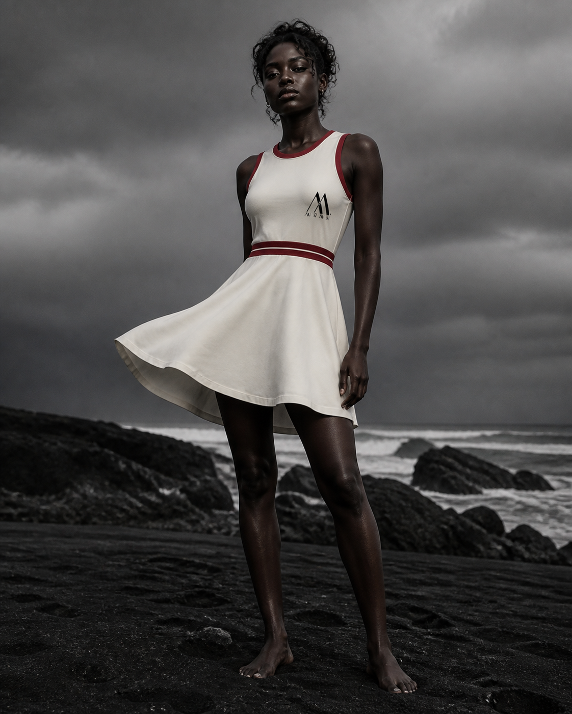 Model wearing the Mur Mur color-block dress on a dark coast