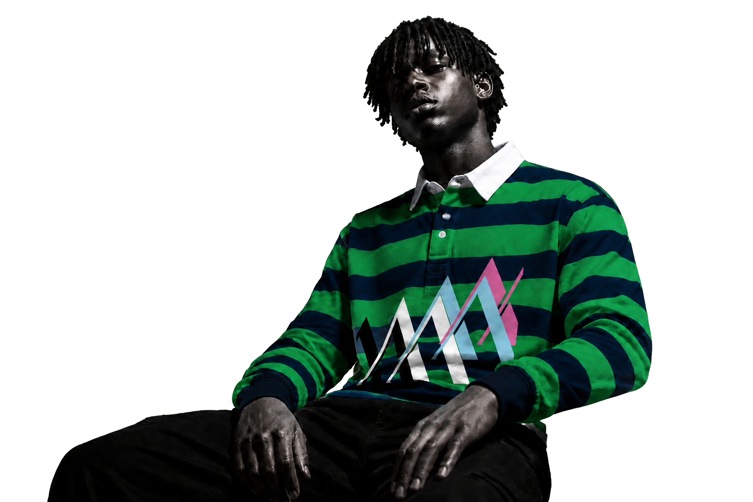 Model wearing the green Mur Mur Color-Block Striped Rugby Shirt