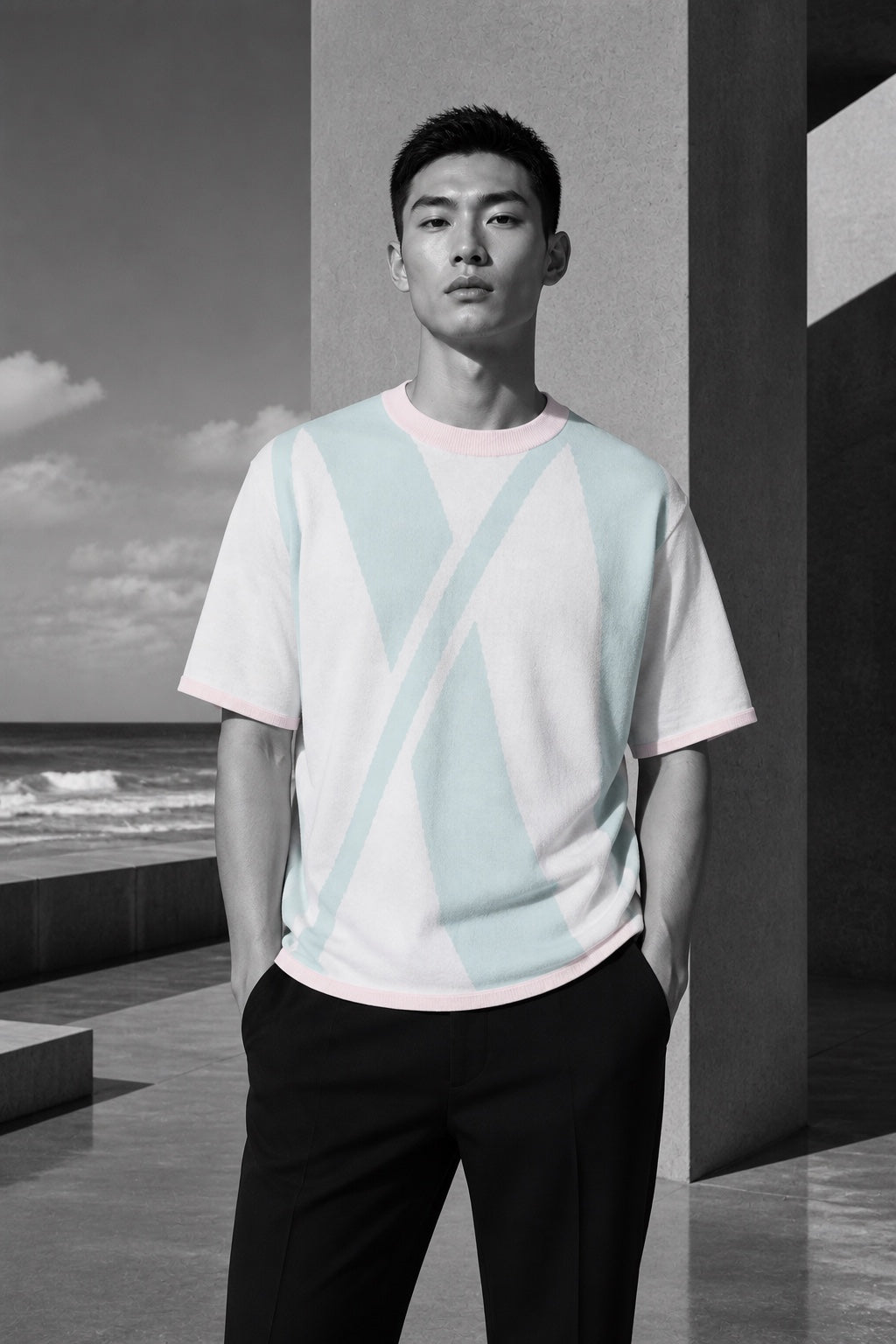 East Asian male model wearing the pale-blue, white and pink Mur Mur Knit Scottee limited drop